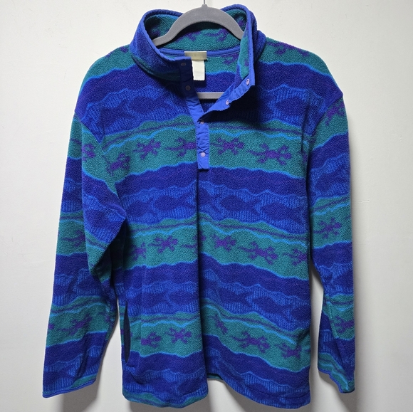 Vintage L.L. Bean Lizard Fleece Pullover Blue Purple 90s Retro Chameleon Snaps - Picture 1 of 10